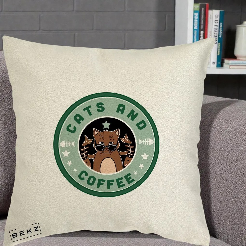 Perna Personalizata Cats and Coffee Starbucks, 40x40 cm, Ecru, Husa Detasabila, Perna Inclusa, BEKZ®