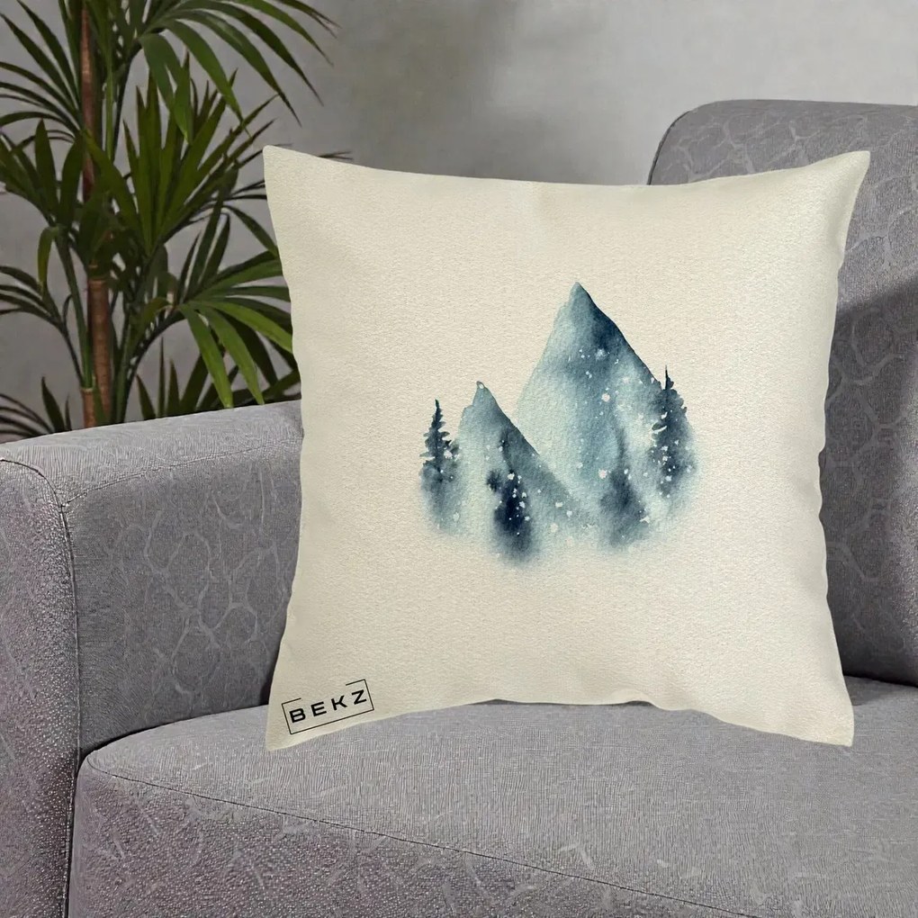 Perna Decorativa Munti Inzapeziti Acuarela Indigo, 40x40 cm, Ecru, Husa Detasabila, Perna Inclusa, BEKZ®