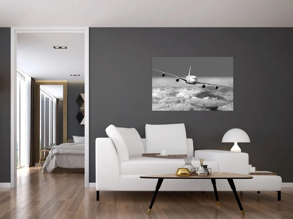 Tablou - Avion în nori, alb și negru (90x60 cm)