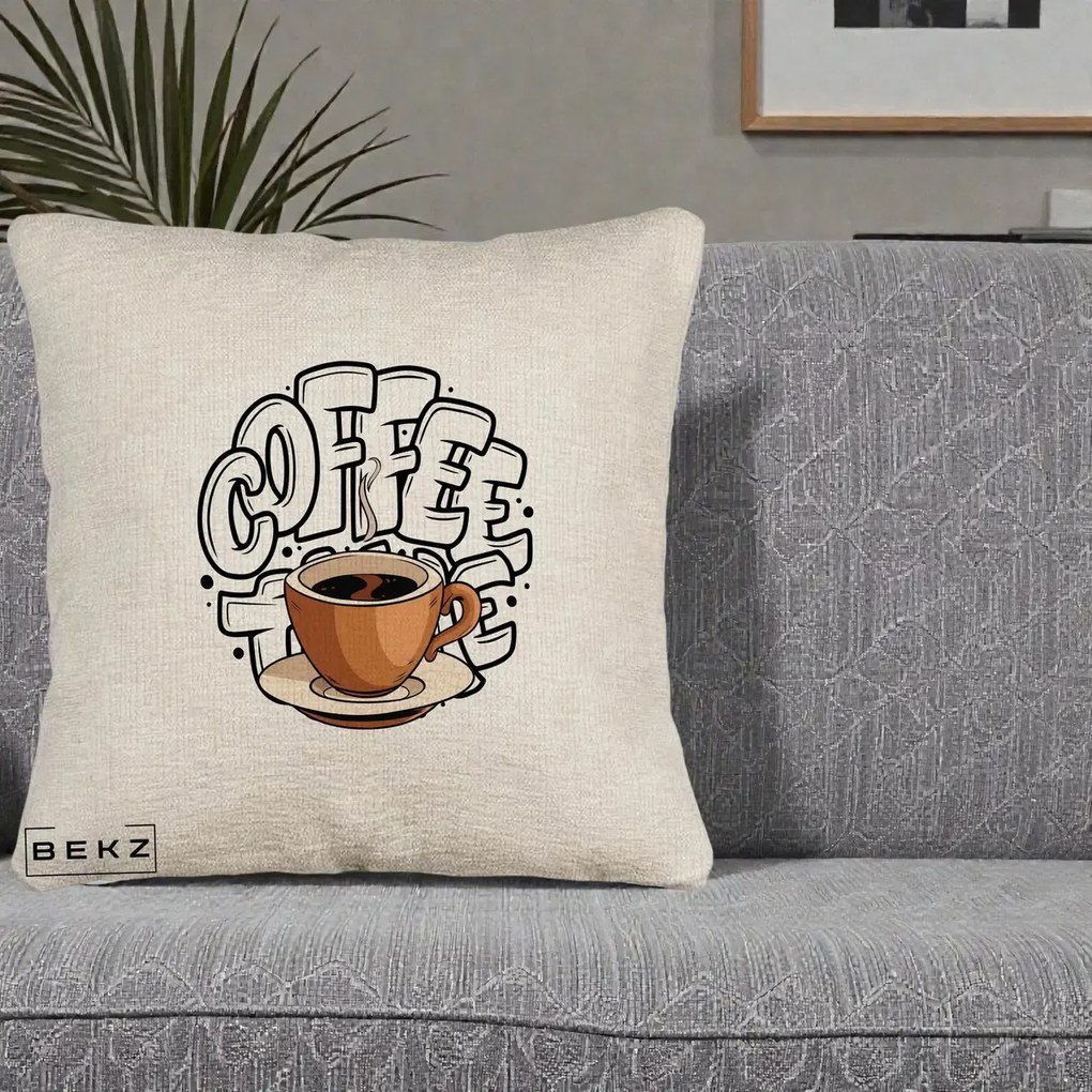 Perna Personalizata COFFEE cu Cana, 40x40 cm, Bej Canapea, Husa Detasabila, Perna Inclusa, BEKZ®