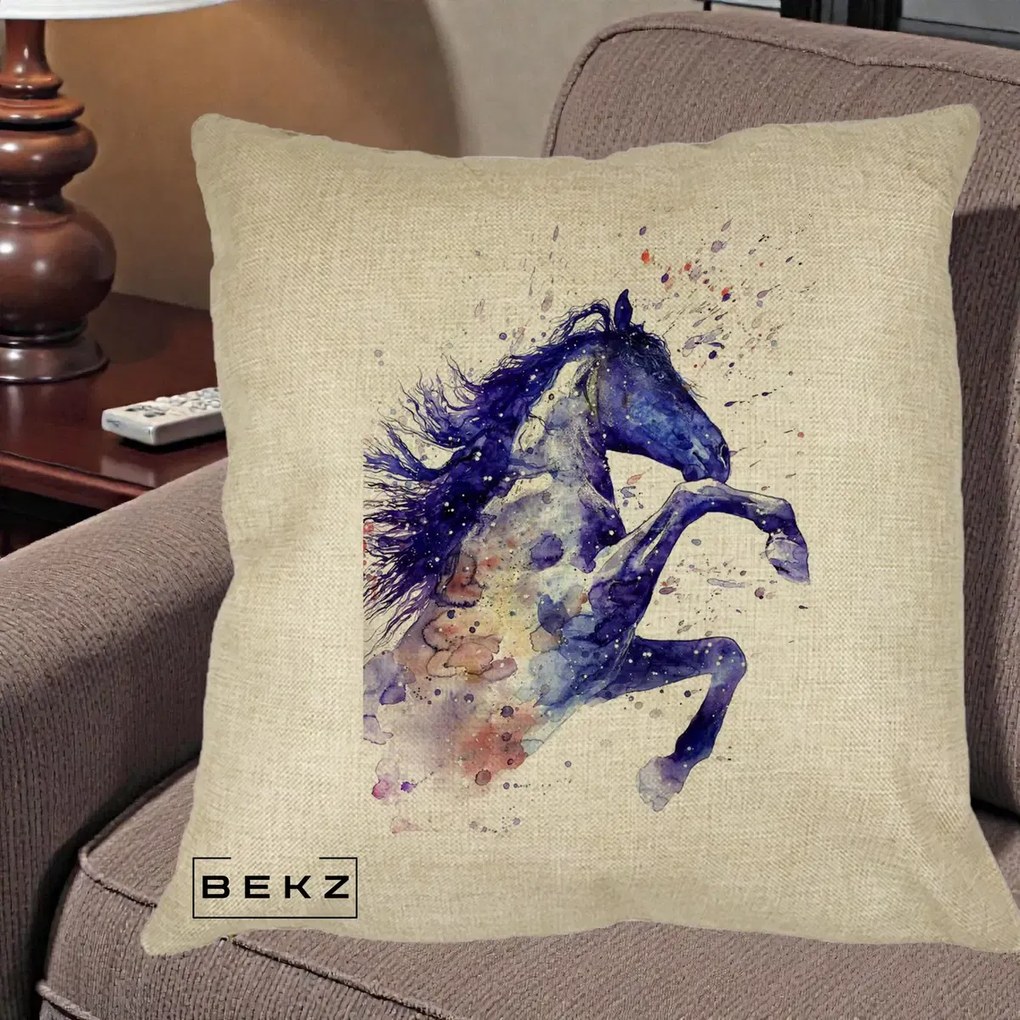 Perna Decorativa Cal Albastru Acuarela, 40x40 cm, Crem, Husa Detasabila, Perna Inclusa, BEKZ®