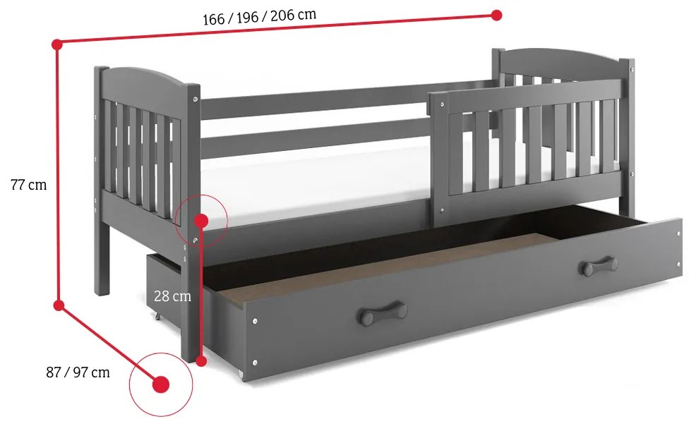 Supermobel Pat pentru copii KUBUS P1 + SD + saltea + somieră GRATIS, 90x200, grafit, grafit