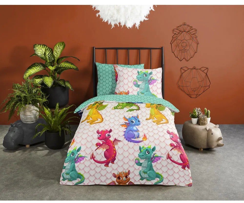 Lenjerie de pat pentru copii din bumbac pentru pat de o persoană, extinsă 140x220 cm Dragons – Good Morning