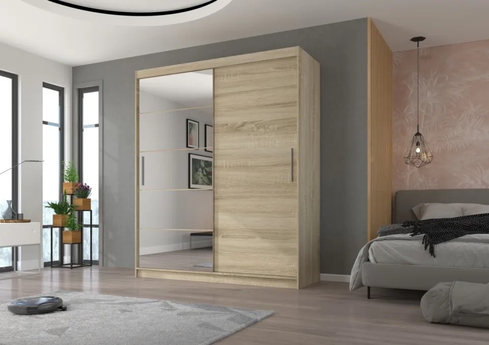 Dulap cu usi glisante si oglinda, 180x215 cm, Esti, ADRK Furniture (Culoare: Negru)