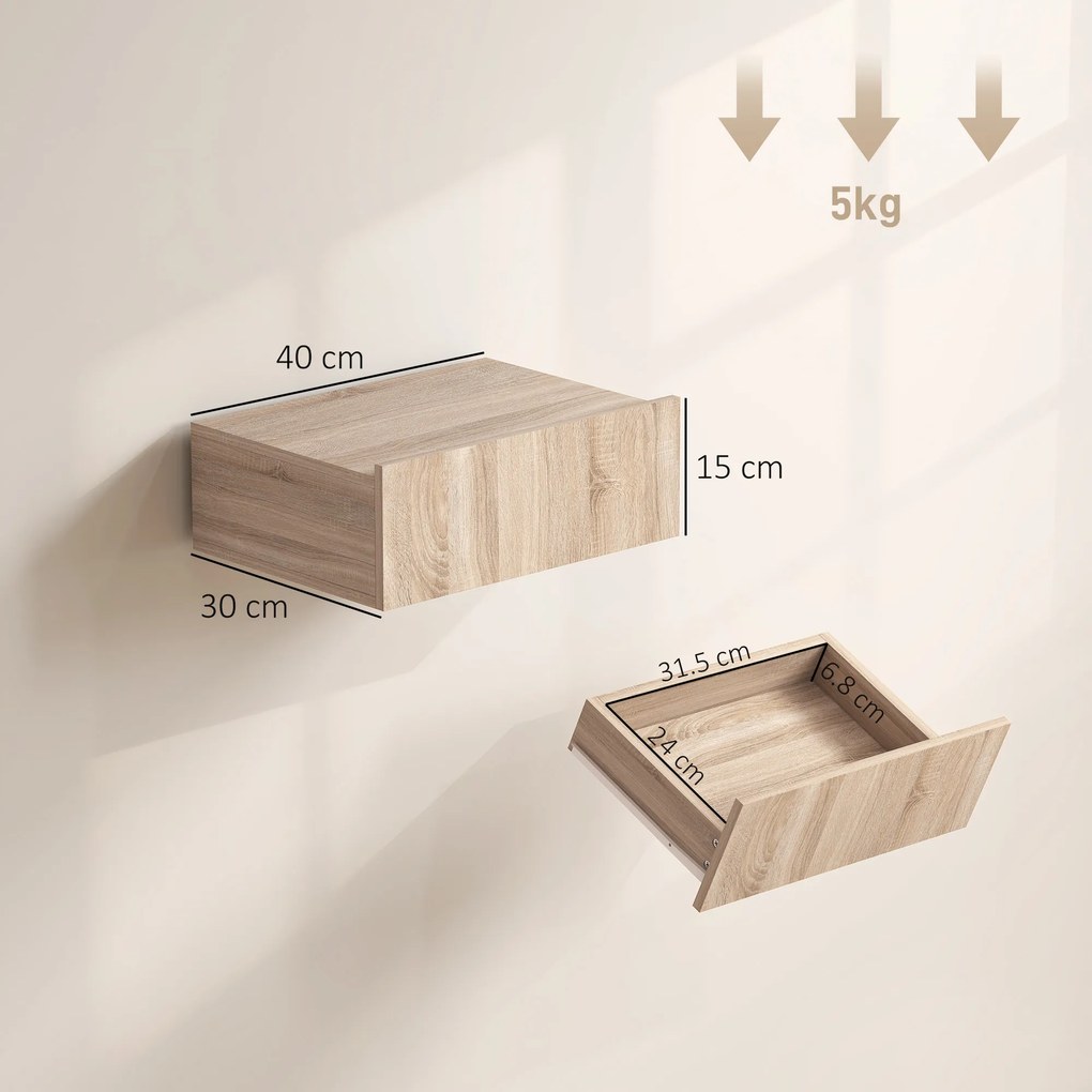 HOMCOM Set de 2 Noptiere Suspendate cu Sertar, Pereche de Noptiere Moderne din Lemn, Mese Laterale pentru Canapea, Living și Dormitor, 40x30x15 cm, Stejar | Aosom Romania