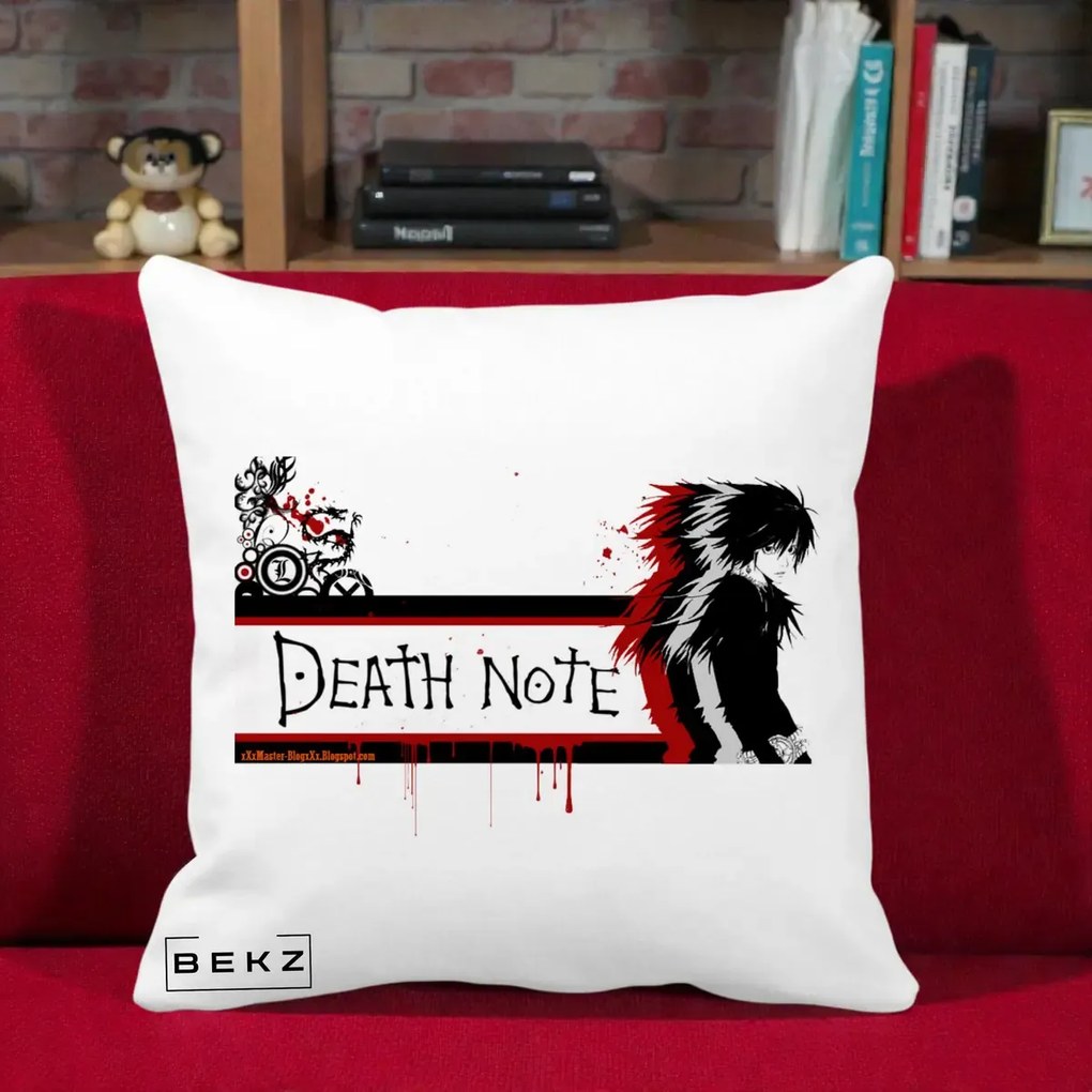 Perna Personalizata Death Note L Lawliet Rosu-Negru, 40x40 cm, Alba Mata, Husa Detasabila, Perna Inclusa, BEKZ®