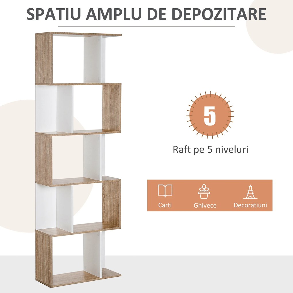 HOMCOM Bibliotecă de Perete cu 5 Rafturi, Dimensiuni 60x24x184.5cm, Alb, Ideală pentru Organizare și Decorare | Aosom România