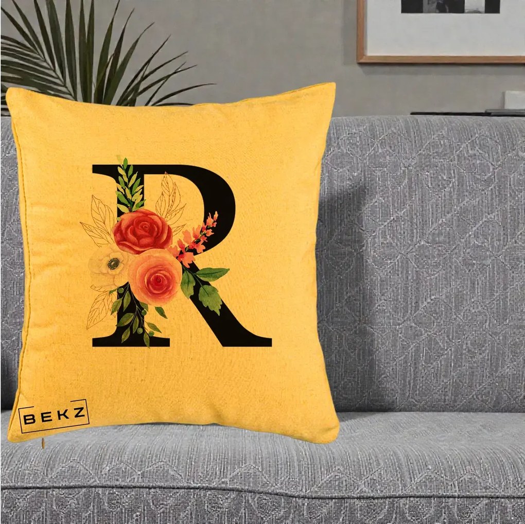 Cadou Personalizat - Perna Personalizata Monograma Florala Litera R, 40x40 cm, Galben, Husa Detasabila, Perna Inclusa, BEKZ®