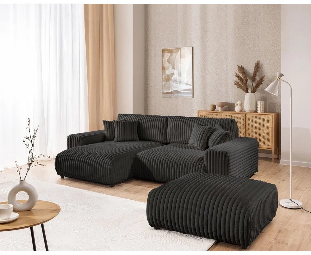 Colțar gri închis extensibil, cu spațiu de depozitare, cu tapițerie din catifea reiată (cu colț pe partea stângă) Sarina – Ropez