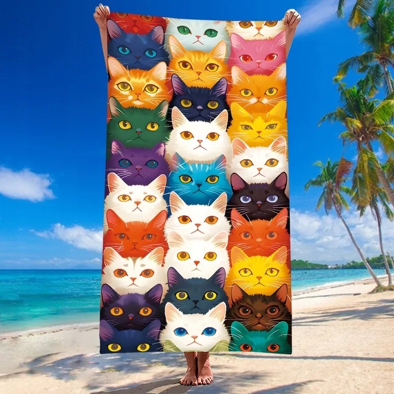 Prosop plaja MEOW 100x180 cm colorat, 100% microfibra