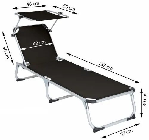 Șezlong pliabil DIVERO cu umbrar, negru, 187 x 57 cm