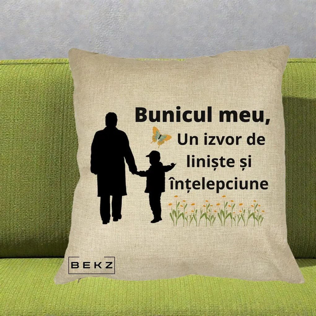 Cadou pentru Bunic - Perna Personalizata Bunicul Meu Izvor de Liniste cu Fluture si Baietel, 40x40 cm, Crem, Husa Detasabila, Perna Inclusa, BEKZ®