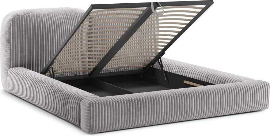 Pat matrimonial gri deschis tapițat cu spațiu de depozitare cu somieră 160x200 cm Martina – Micadoni