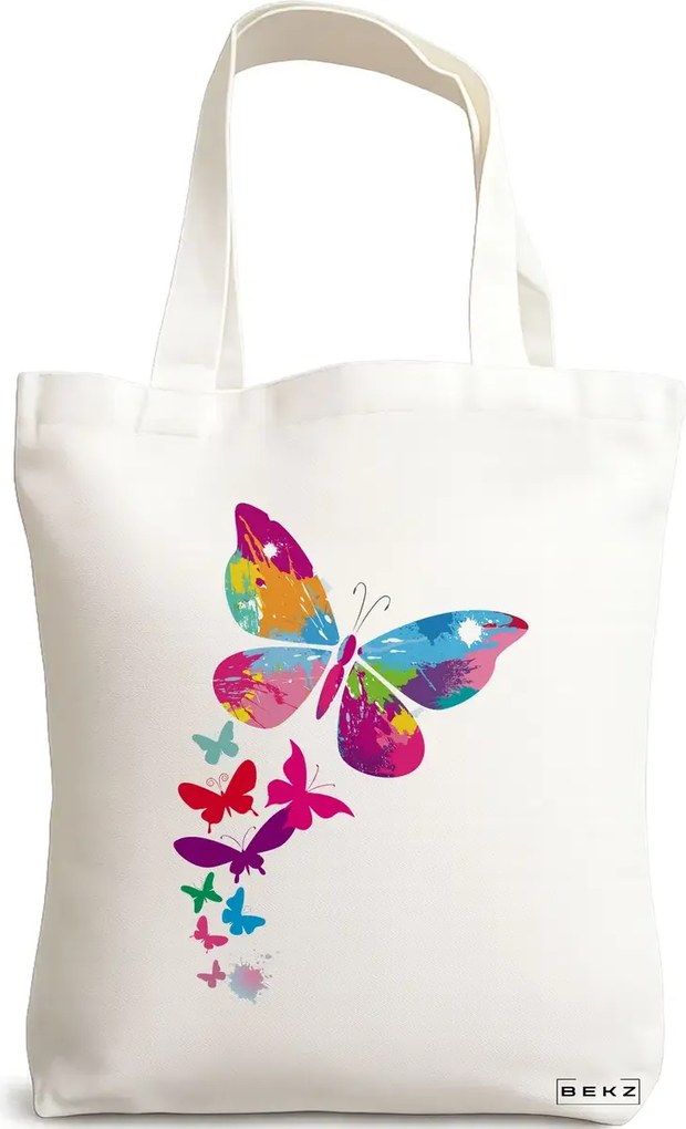 Sacosa de Panza pentru Cumparaturi, Geanta Tote, model Watercolor Butterfly, 38x34.5 cm, Alba, BEKZ®