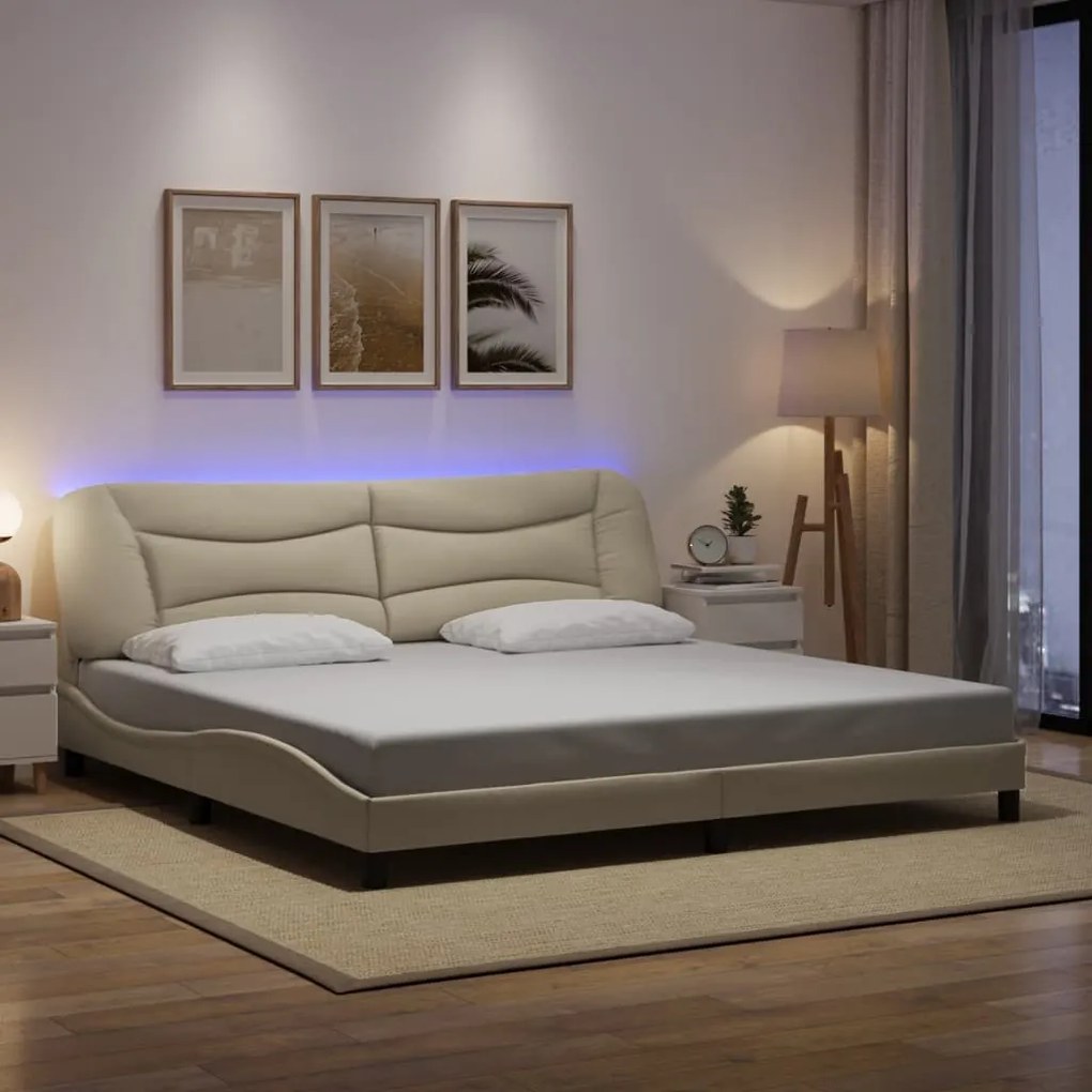 vidaXL Cadru de pat cu lumini LED, crem, 200x200 cm, textil