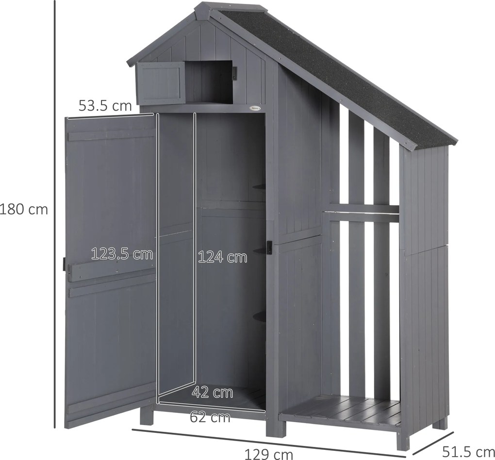 Outsunny Căsuț de grădină, compartiment deschis pentru lemne de foc, ușă cu zăvor, rezistent la intemperii, lemn natural, 129 x 51,5 x 180cm, gri+negru | Aosom Romania