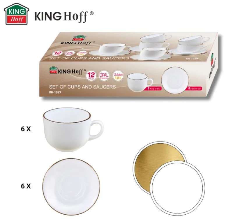 Set cesti si farfurioare pentru ceai Klausberg KH 1929, 12 piese, 210 ml, Opal, Alb/Auriu