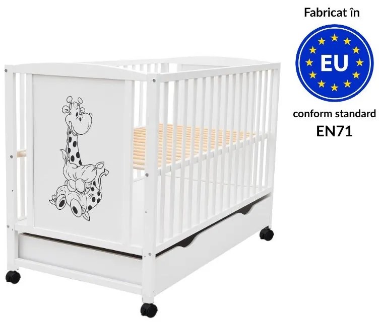 Patut din lemn masiv 120x60 cm Bria alb cu sertar si roti, reglabil pe 3 nivele, certificat EN71