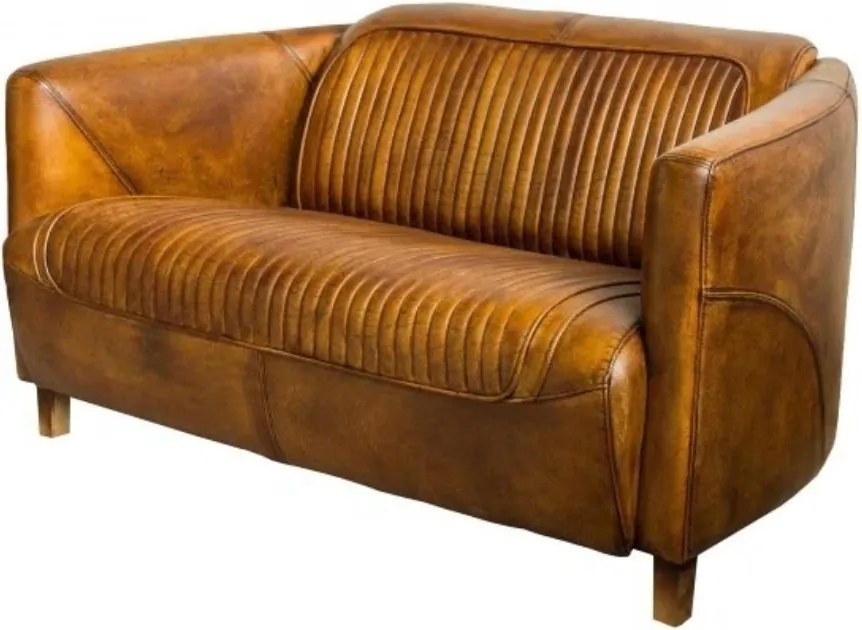 Canapea 2 locuri din piele naturală cognac, cu spătar și șezut cusute în canale, aspect vintage, 68 x 125 x 86 cm, „Pilot”