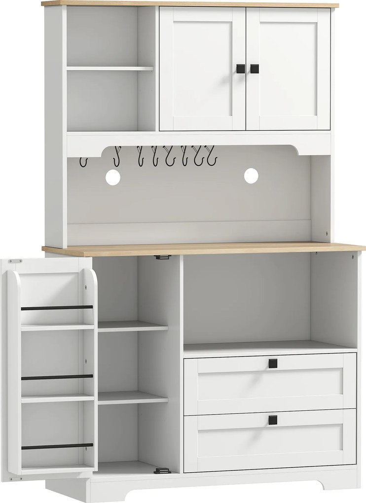 HOMCOM Bufet de Bucătărie Înalt 162 cm, Mobilier de Depozitare cu 2 Dulapuri, 2 Sertare, Suport Condimente, Orificii pentru Cabluri, Rafturi Reglabile, Blat pentru Cuptor cu Microunde, Suporturi pentru Cești, Alb | Aosom Romania