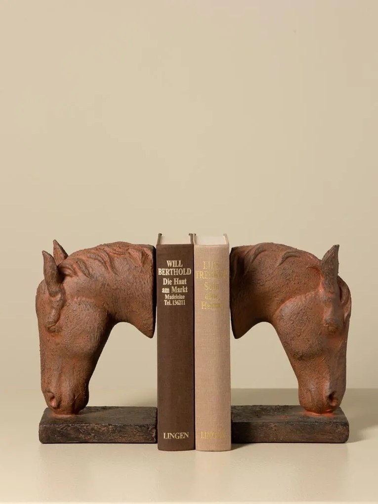 Set 2 suporturi pentru cărți din rășină, maro ruginiu, model cap de cal pe bază dreptunghiulară, finisaj patinat, 20,5 x 25,5 x 8,5 cm, „Cheval”