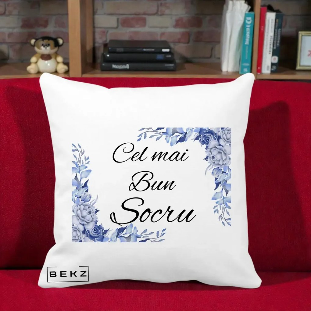 Cadou pentru Socru - Perna Personalizata Cel mai Bun Socru cu Flori Albastre Acuarela, 40x40 cm, Alba Mata, Husa Detasabila, Perna Inclusa, BEKZ®