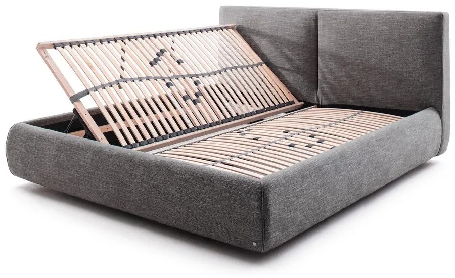 Pat matrimonial gri închis tapițat cu spațiu de depozitare cu somieră 180x200 cm Atesio – Meise Möbel