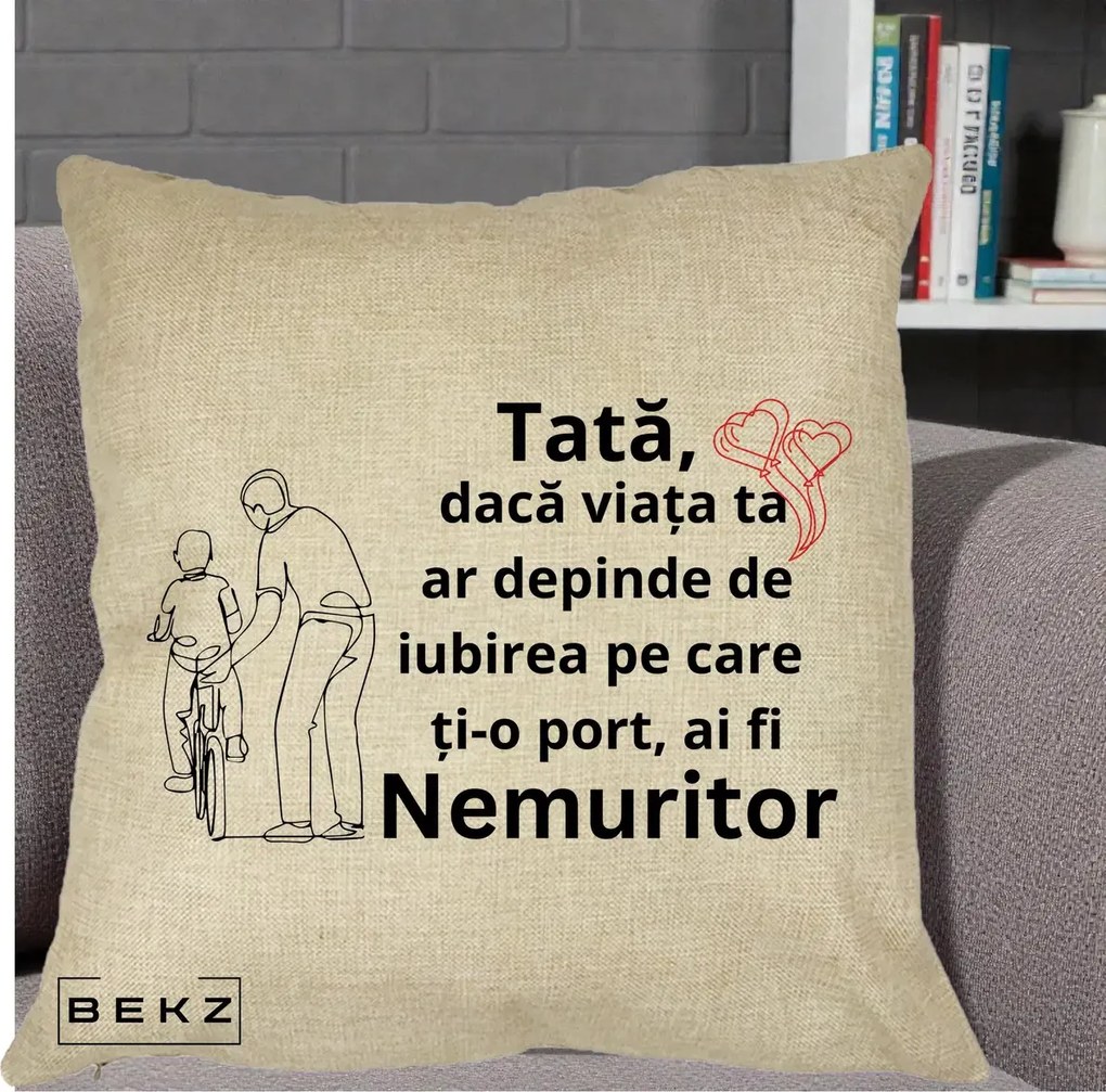 Cadou pentru Tata - Perna Personalizata Tata Nemuritor Bicicleta, 40x40 cm, Crem, Husa Detasabila, Perna Inclusa, BEKZ®