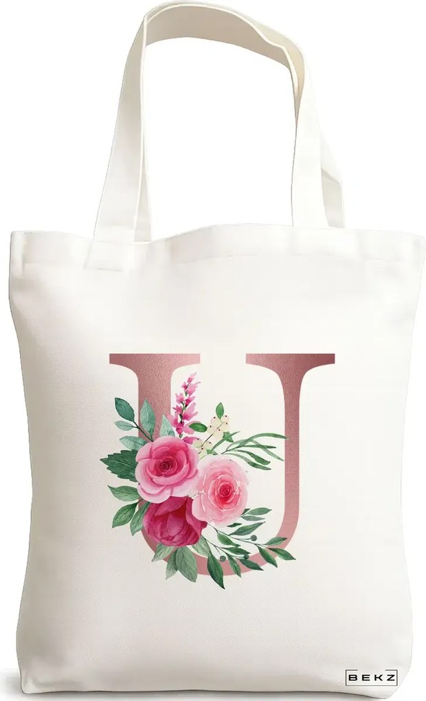 Sacosa de Panza pentru Cumparaturi, Geanta Tote, Cu litera U Rose Gold si Trandafiri, 38x34.5 cm, Alba, BEKZ®