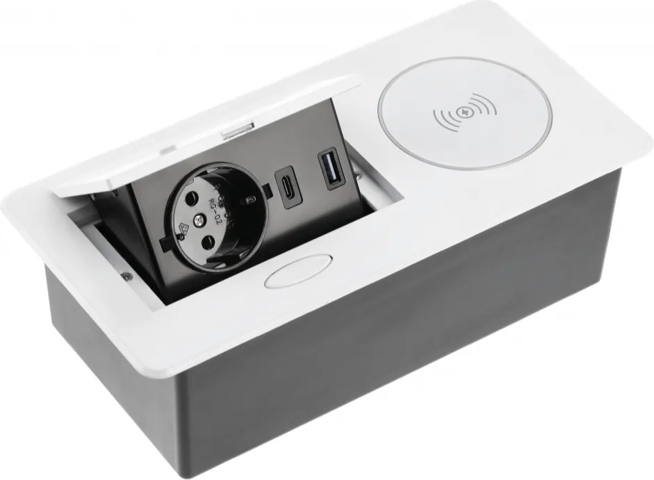 Priza incorporabila in blat Avaro Plus GTV, incarcator wireless 5W, 1 priza Schuko, USB A + C, alb Aluminiu  plastic, Alb, L:240 mm; l:119 mm; H:72