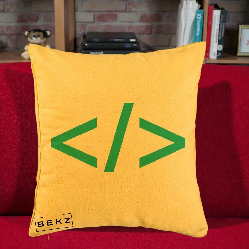 Perna Personalizata Cod HTML Turcoaz, 40x40 cm, Galben, Husa Detasabila, Perna Inclusa, BEKZ®
