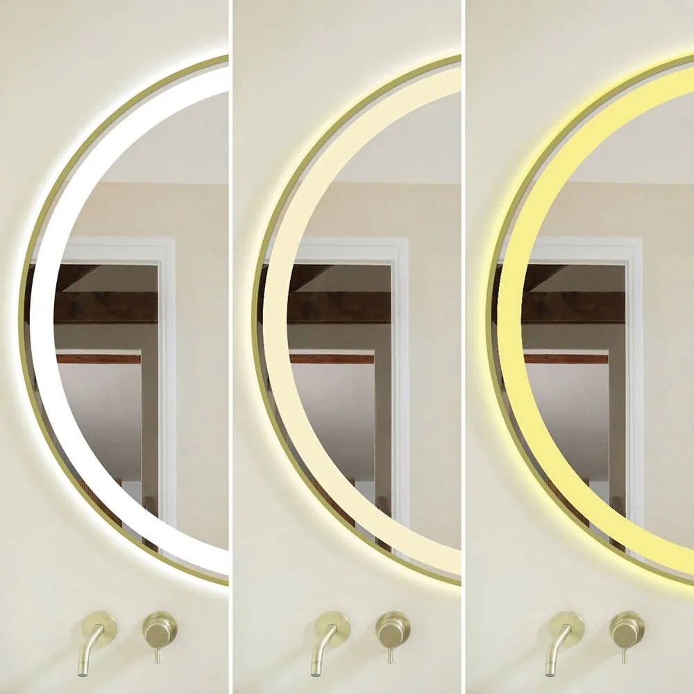 Oglindă LED Rotundă (Diametru 70 cm), 3 Moduri Iluminare (Lumină Rece, Naturală, Caldă), Intensitate Reglabilă, Funcție Dezaburire, Ramă Aluminiu, Control Tactil (Touch)