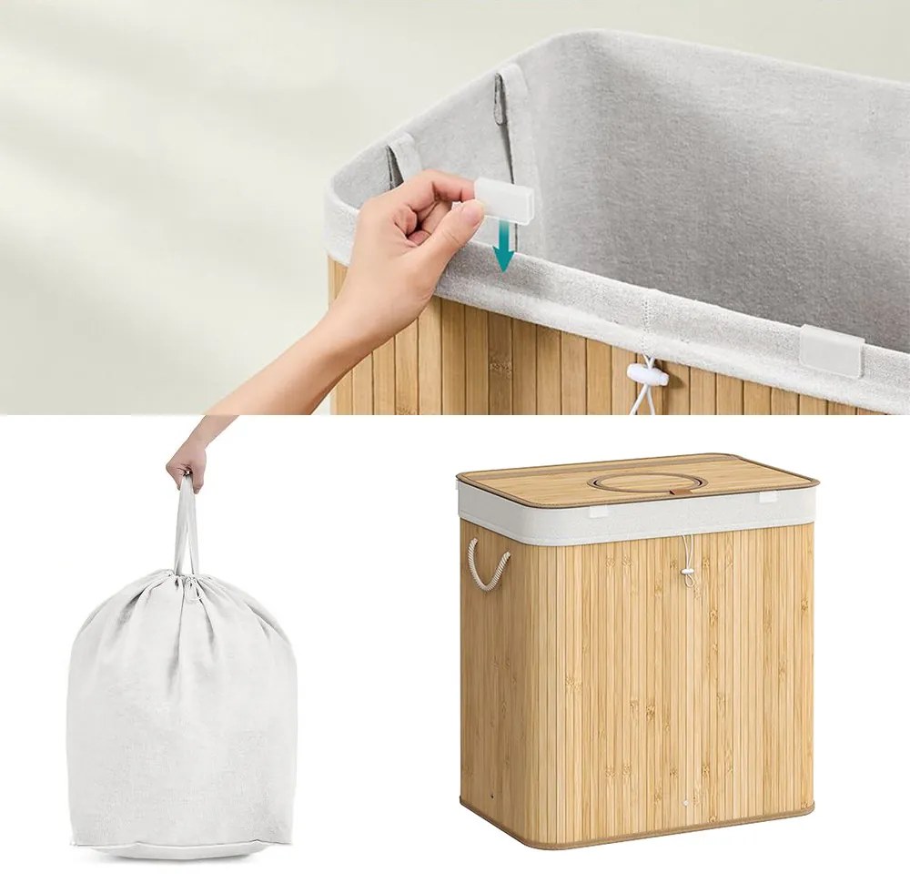 Coș de rufe din bambus cu plasă detașabilă