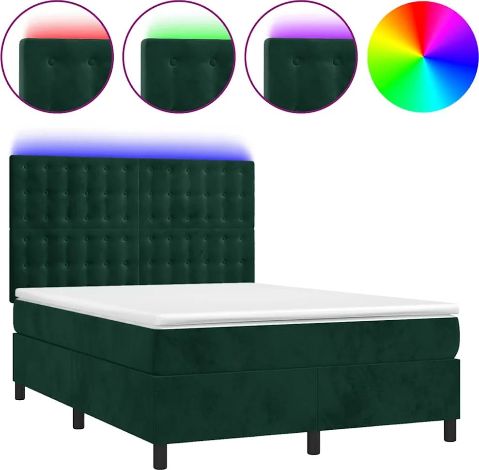 vidaXL Pat cu arcuri, saltea și LED, verde închis, 140x190 cm, catifea