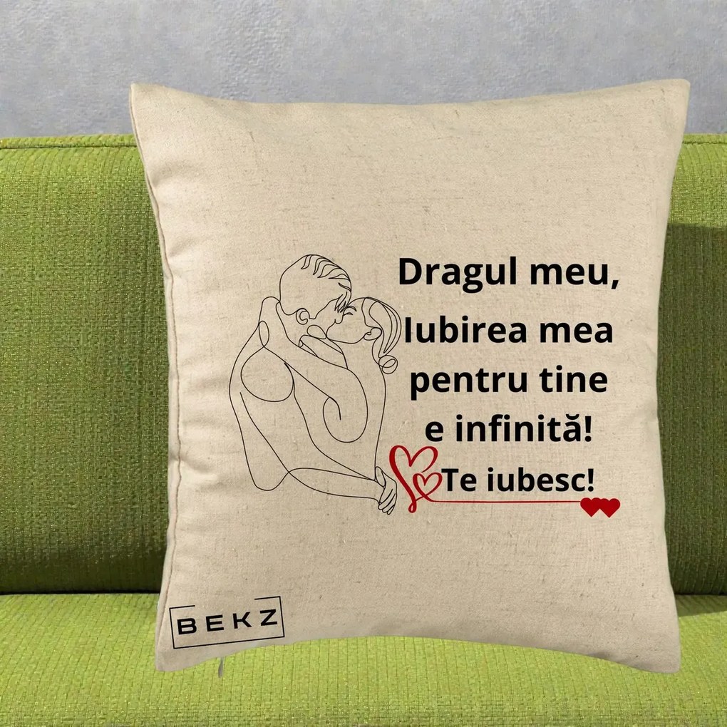Cadou pentru Iubit - Perna Personalizata Dragul Meu Iubirea Mea pentru Tine e Infinita Te Iubesc, 40x40 cm, Bej, Husa Detasabila, Perna Inclusa, BEKZ®