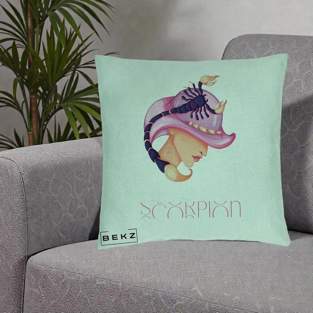 Perna Personalizata Zodiac Scorpion Cowgirl, 40x40 cm, Verde Menta, Husa Detasabila, Perna Inclusa, BEKZ®
