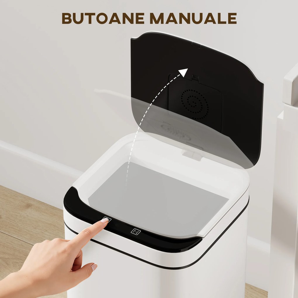 HOMCOM Coș de Gunoi de 13L cu Senzor și Spațiu pentru Deodorante, Coș din Oțel Galvanizat și PP, 24x24x41 cm, Alb și Negru | Aosom Romania