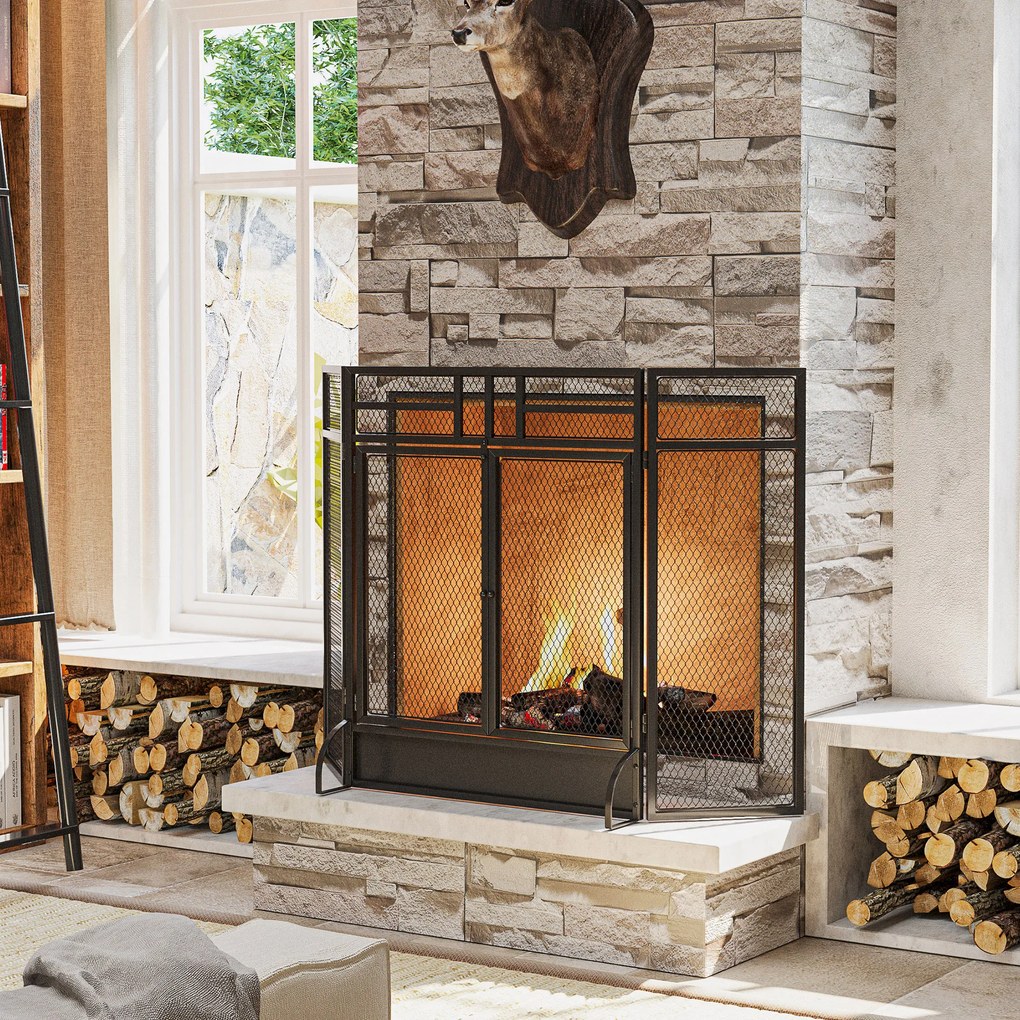 HOMCOM Paravan anti-scântei grilă de protecție pentru șemineu barieră de siguranță 3 panouri pliabile și ușă 120 x 79 cm | Aosom Romania