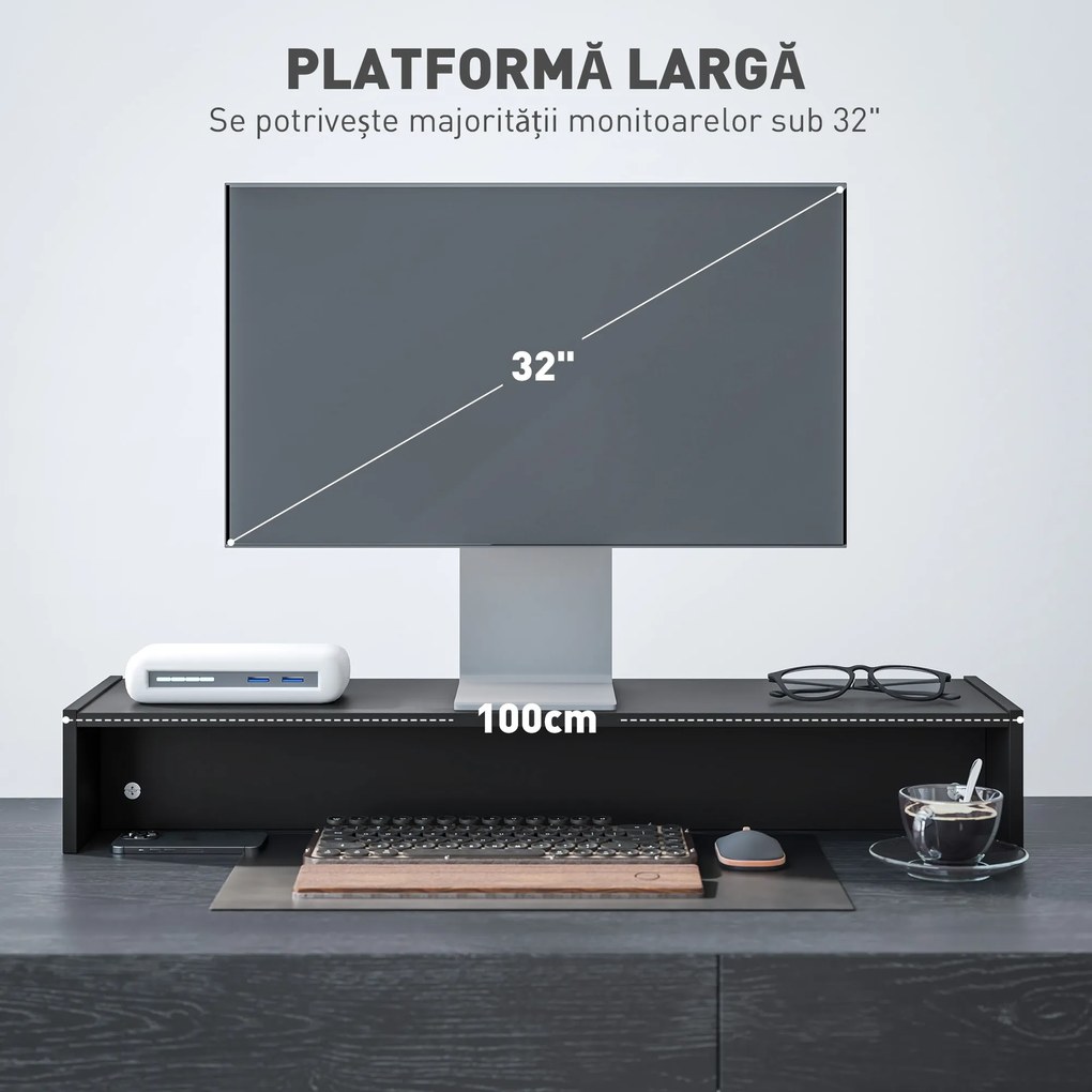 HOMCOM Suport Monitor PC până la 16 kg cu 2 Compartimente de Depozitare, 100x27x15 cm, Negru | Aosom Romania