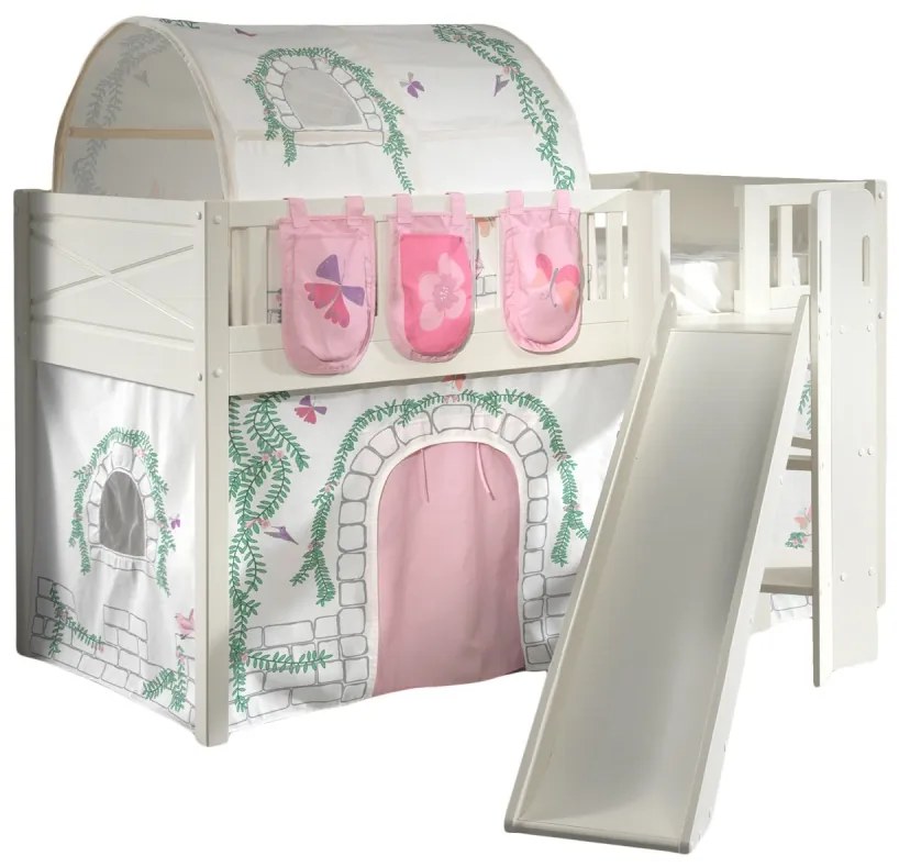Set pat pentru copii SCOTT, alb, 90 x 200 cm, din pin scandinav și MDF, cu scară frontală, perdea de joacă BIRDY, tunel și buzunare de depozitare –