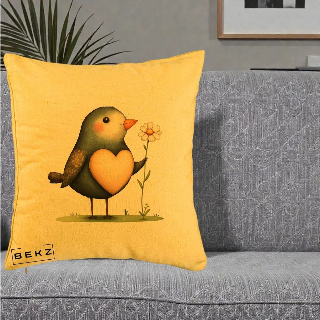 Perna Decorativa Pasare cu Inima si Margareta, 40x40 cm, Galben, Husa Detasabila, Perna Inclusa, BEKZ®