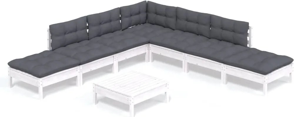 vidaXL Set mobilier de grădină cu perne, 8 piese, alb, lemn de pin