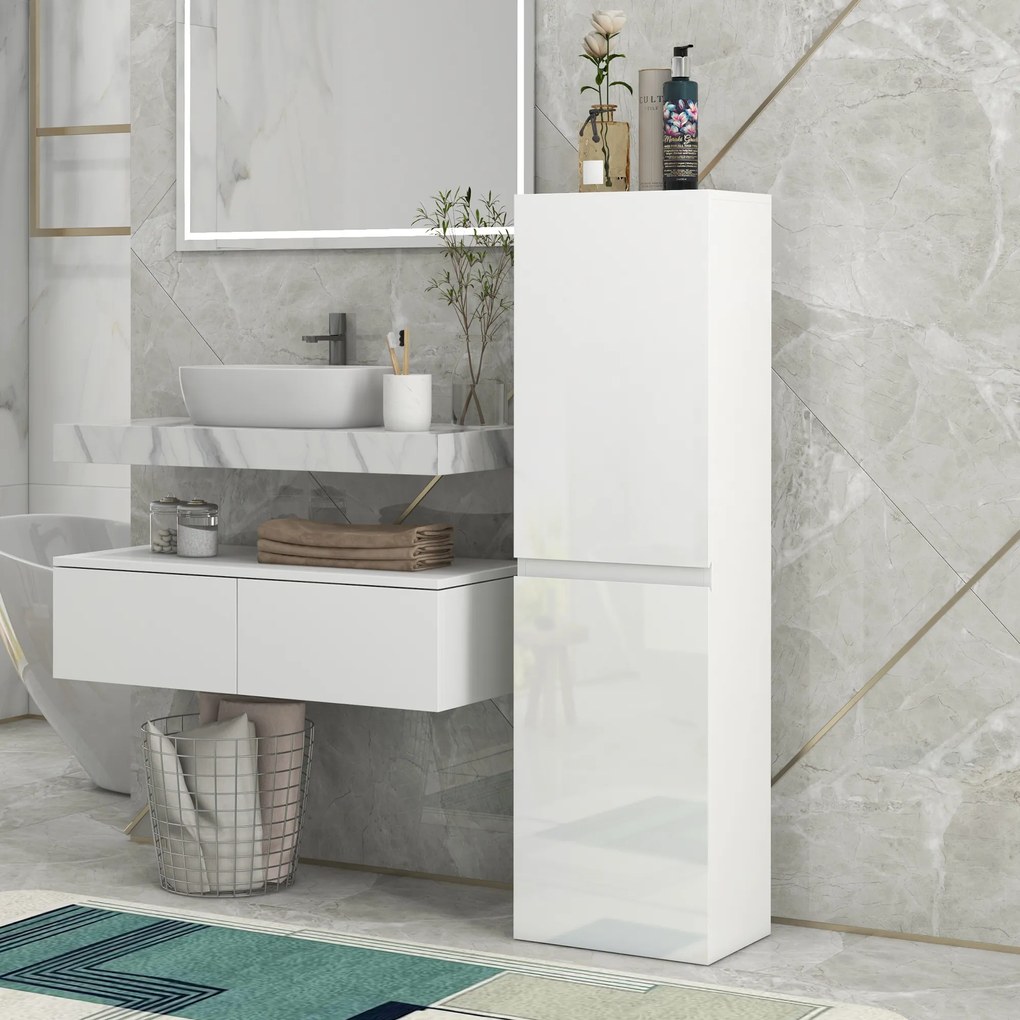 kleankin Dulap Înalt pentru Baie, Dulap cu Finisaj Lucios, Rafturi Reglabile, 2 Dulapuri, Organizator Baie, 35 x 25 x 120 cm, Alb Lăcuit | Aosom Romania