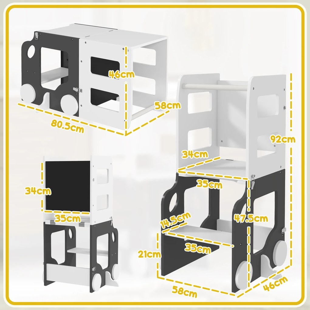 AIYAPLAY Scara Montessori 4 în 1 pentru Copii cu 2 Table și Set Masă și Scaun, din Lemn, 58x46x92 cm, Alb | Aosom Romania