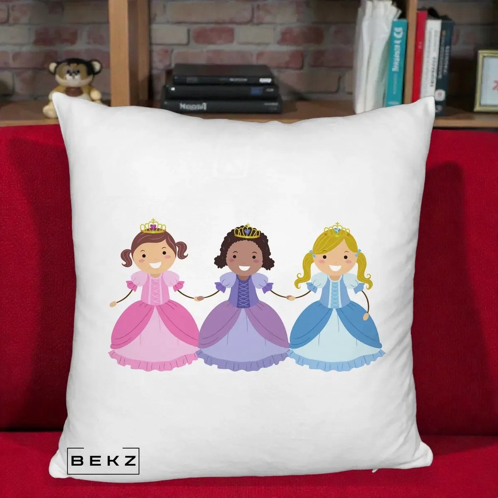 Perna Personalizata Printese Diverse Ilustratie, 40x40 cm, Alb Pufos, Husa Detasabila, Perna Inclusa, BEKZ®