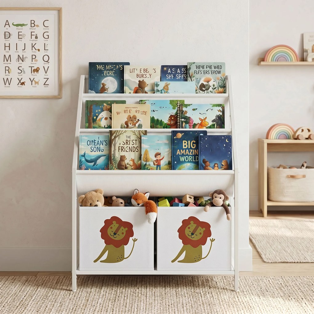AIYAPLAY Bibliotecă Montessori pentru Copii 3-8 Ani cu 4 Rafturi și 2 Cutii cu Imprimeu Leu, Alb | Aosom Romania