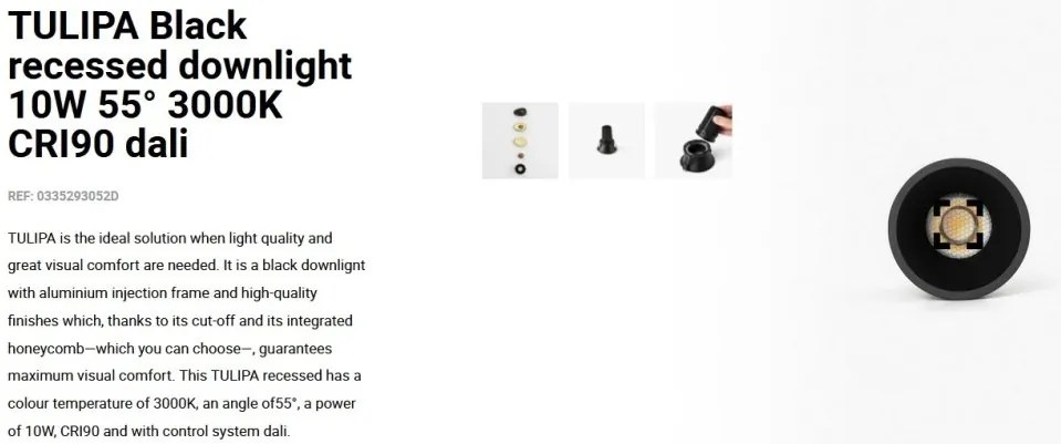 Spot LED incastrabil TULIPA Black recessed downlight 10W 55° 3000K CRI90 triac