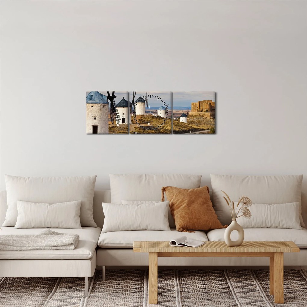 Tablou - Morile de vânt din Consuegra, Spania (cu ceas) (90x30 cm)