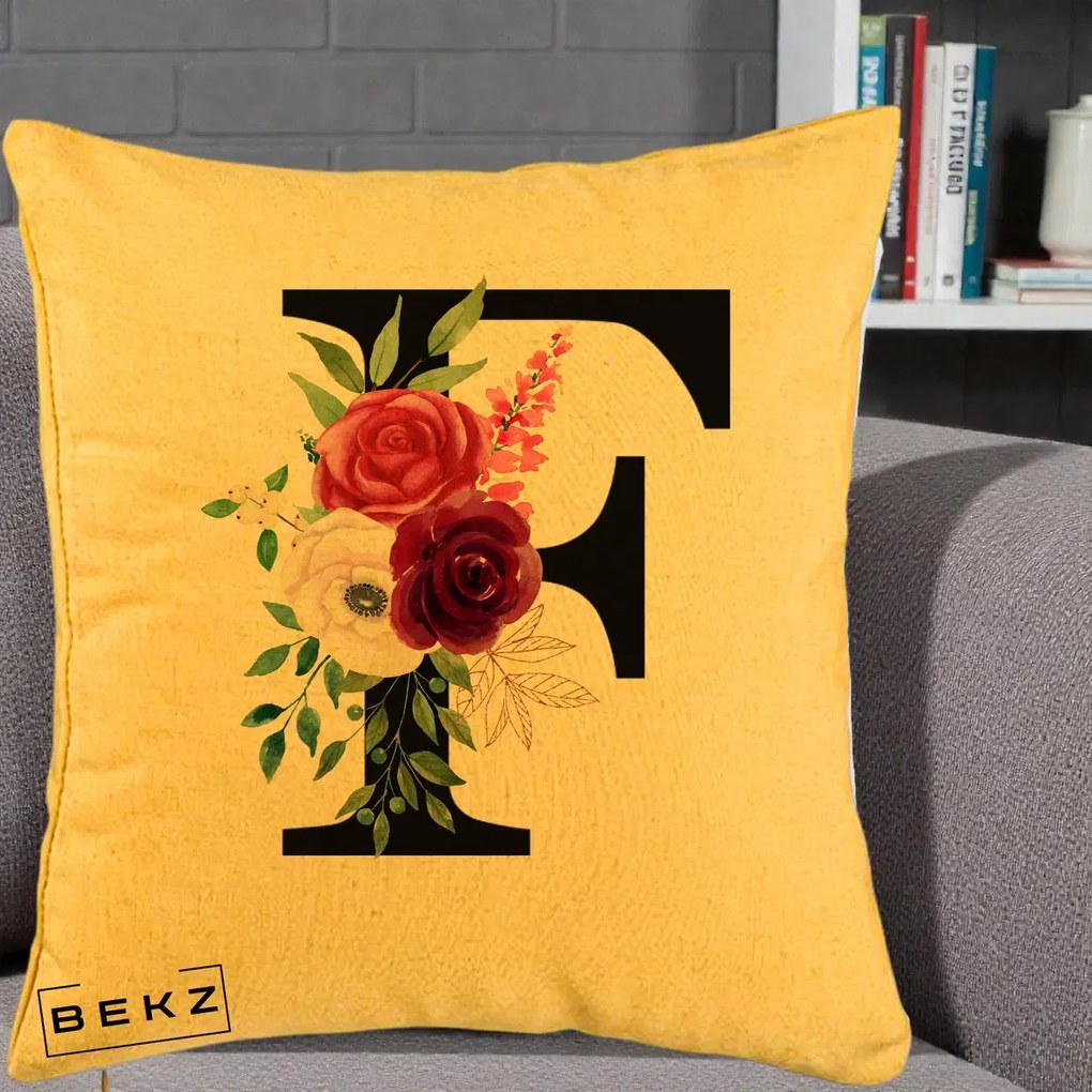 Cadou Personalizat - Perna Personalizata Monograma Florala Litera F, 40x40 cm, Galben, Husa Detasabila, Perna Inclusa, BEKZ®