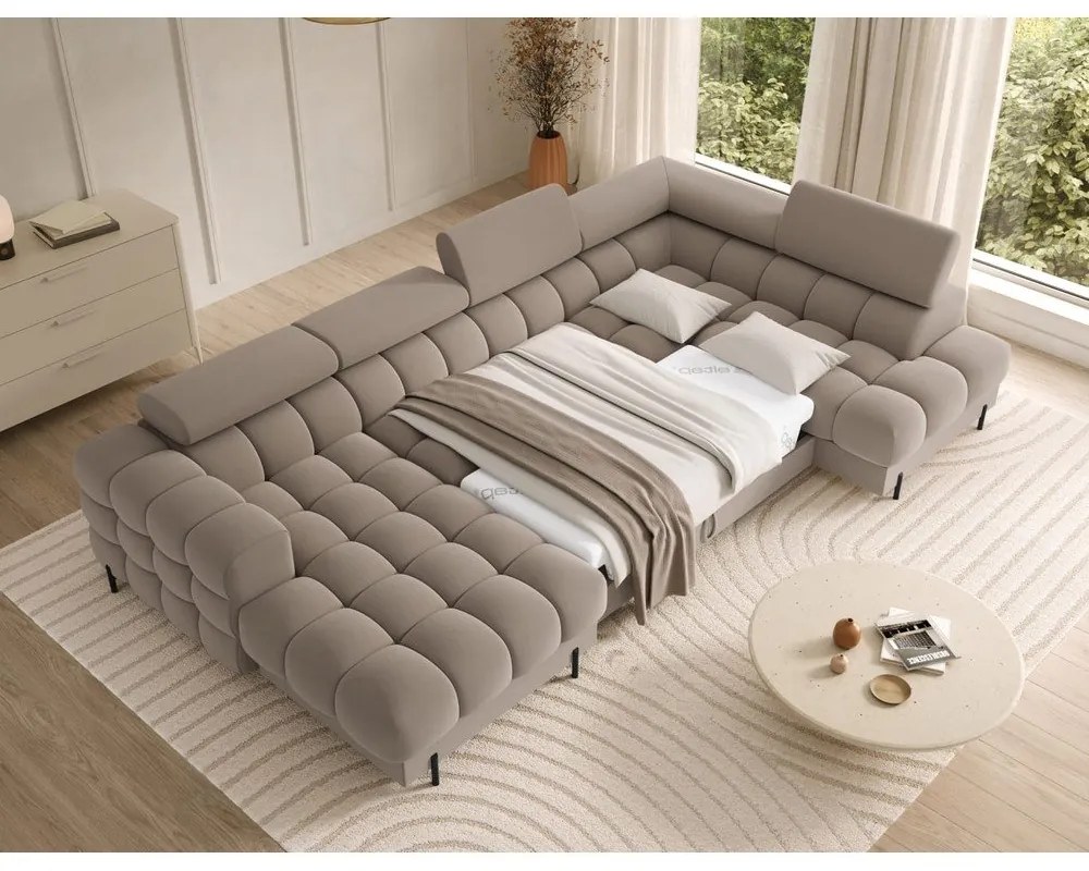 Colțar maro deschis extensibil cu tapițerie din catifea (cu colț pe partea dreaptă/în formă de "U") Feraria – ELTAP